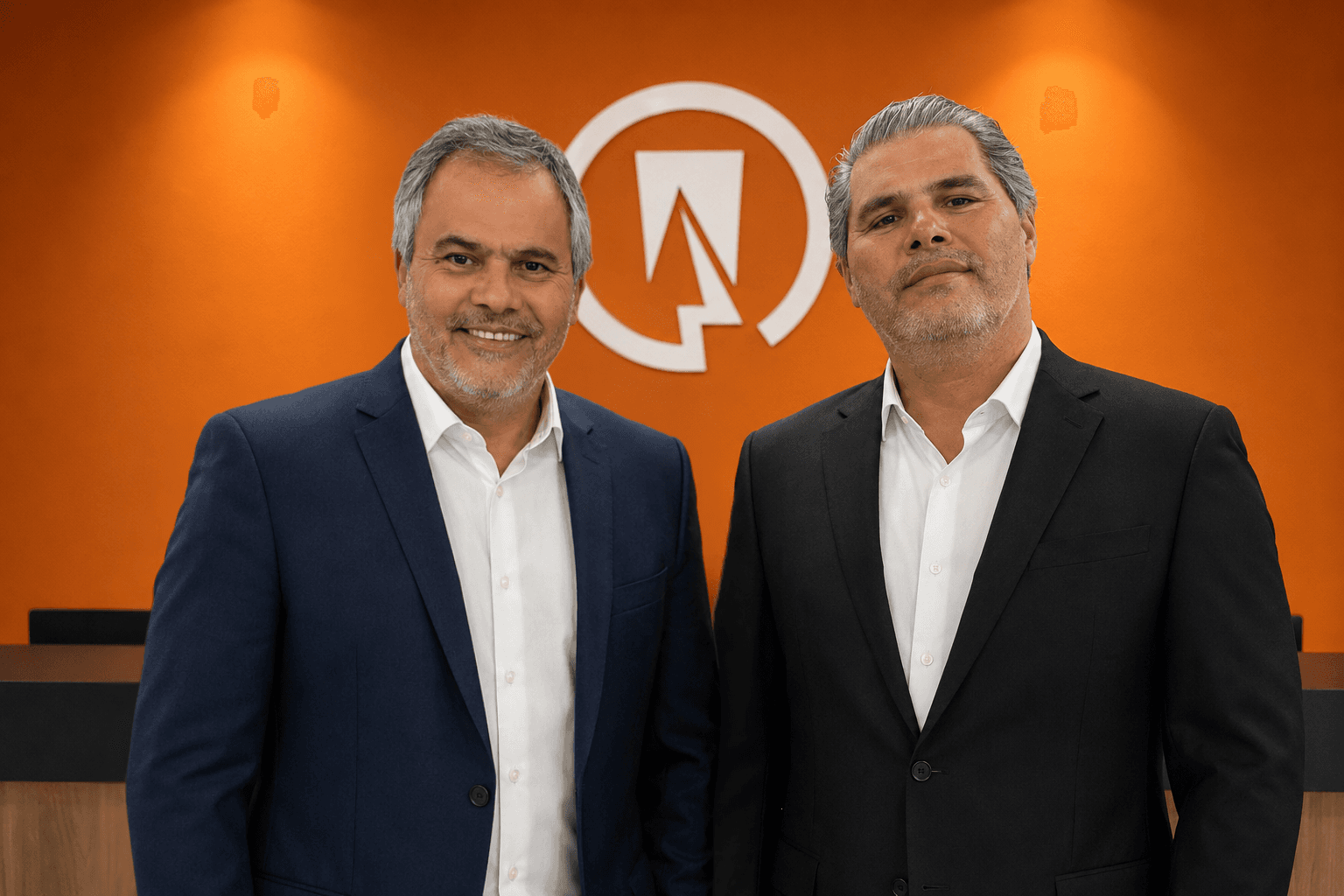 Diretores da Point Instalações diante da marca da empresa